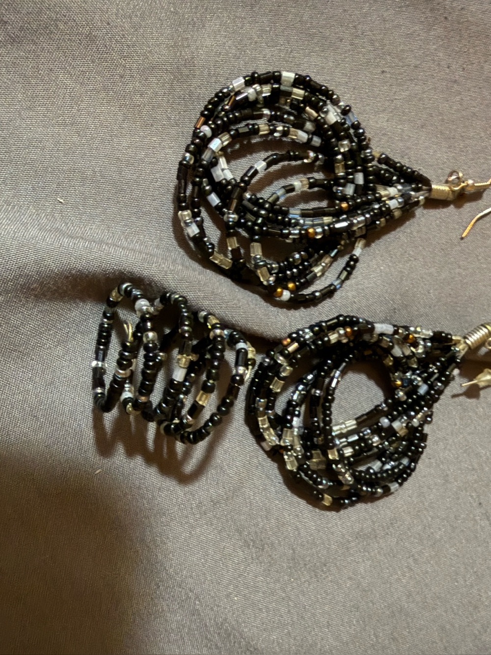 Black and Silver Beaded Loop Earrings and Ring Set